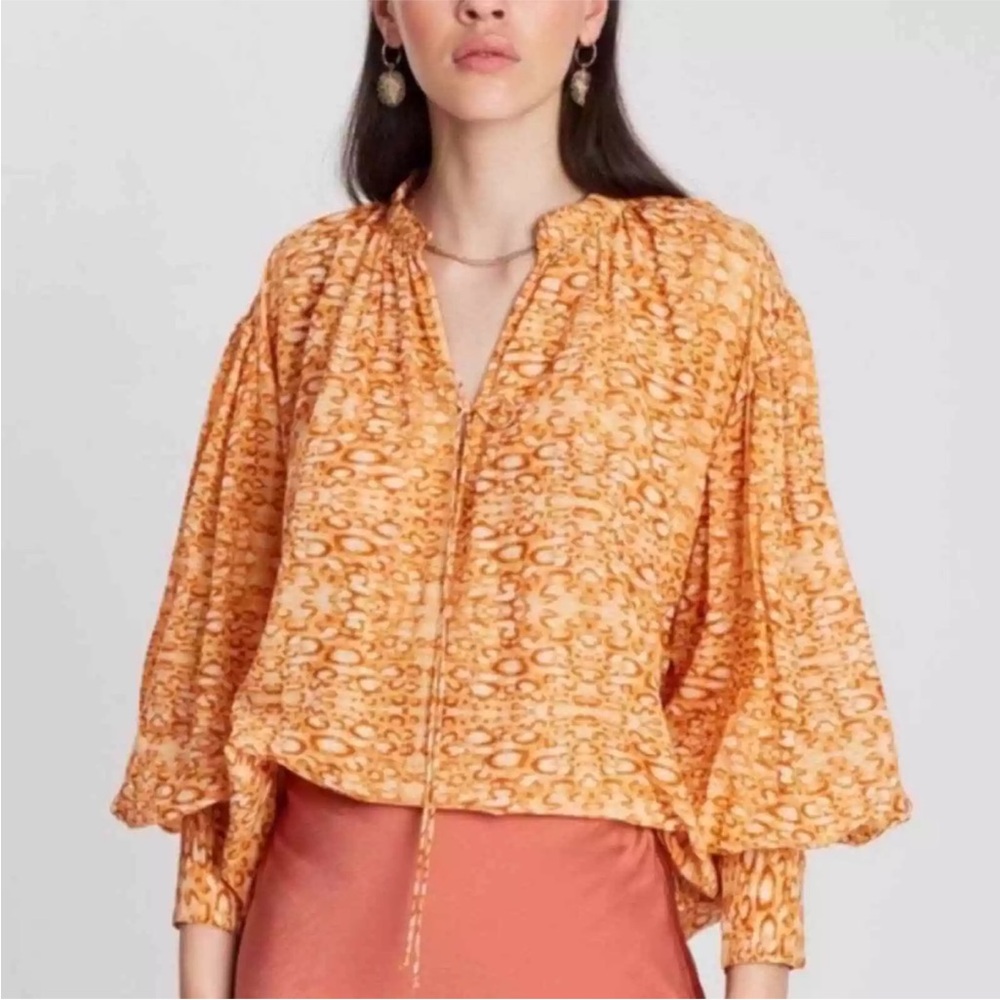 Anthropologie Kinga Csilla Cotton Orange Leopard Print Peasant Blouse SZ 4